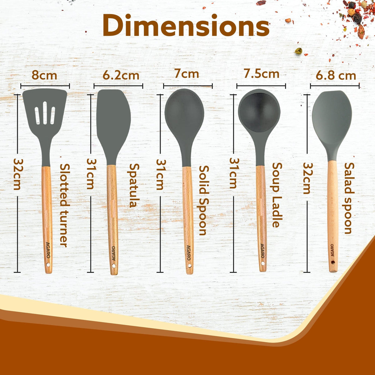 Royal Silicone Spatula Set of 5, Cooking and Mixing, for Non-Stick Cookware, BPA Free, Seamless Design, Grey