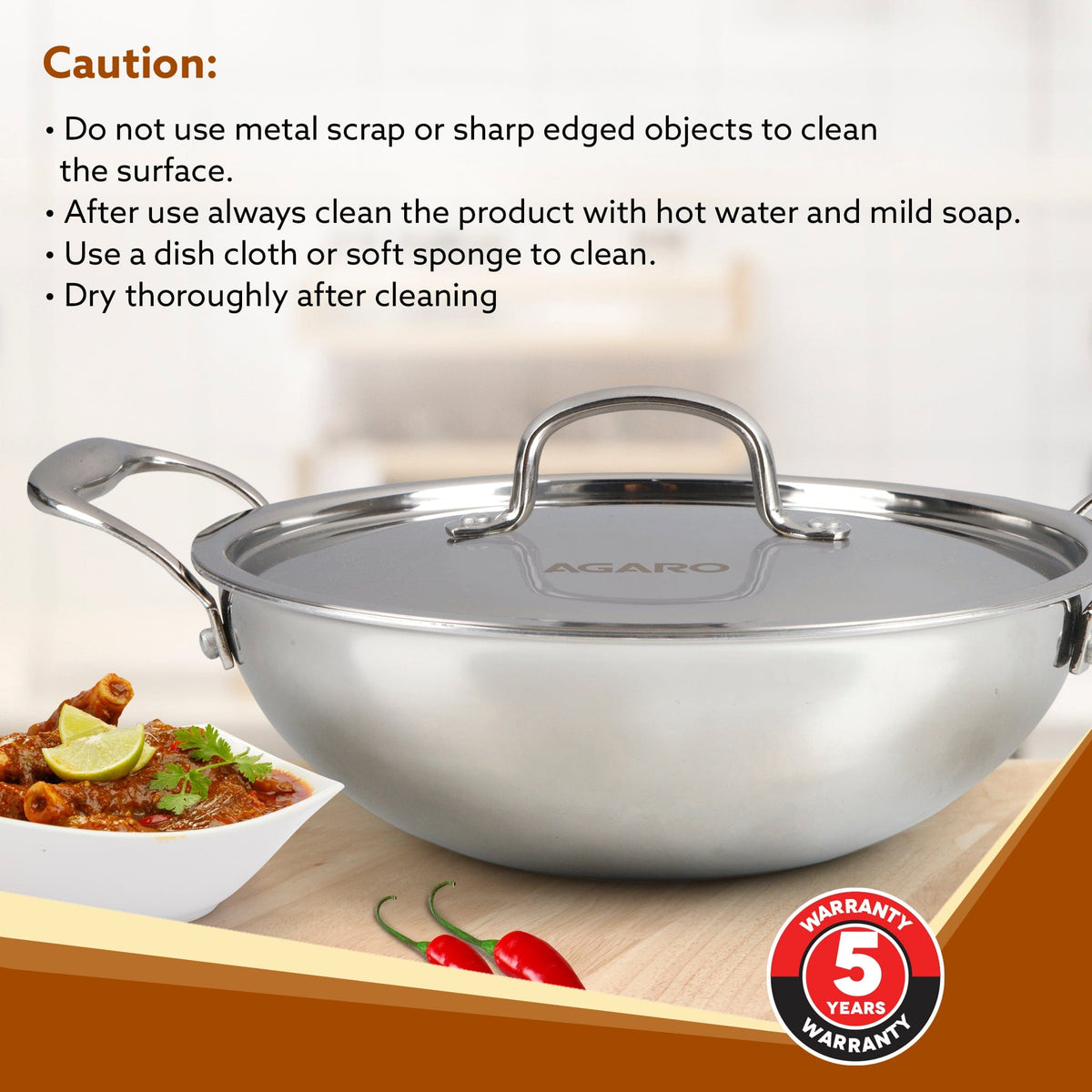 Regency Tri-Ply Steel Kadai, 2.25L Capacity, 24 cm Diameter, Stainless Steel, Riveted  Handle, Food Safe, Gas Oven and Induction Oven Compatible, Cooking, Frying, Serving, Silver