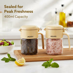 Elegant Spice Jar 400ml, Airtight Glass Masala Brown Container with Secure Lid & Spoon, Versatile Seasoning & Storage Bottle for Kitchen, Leak Proof, For Spices, Herbs, Sugar & More