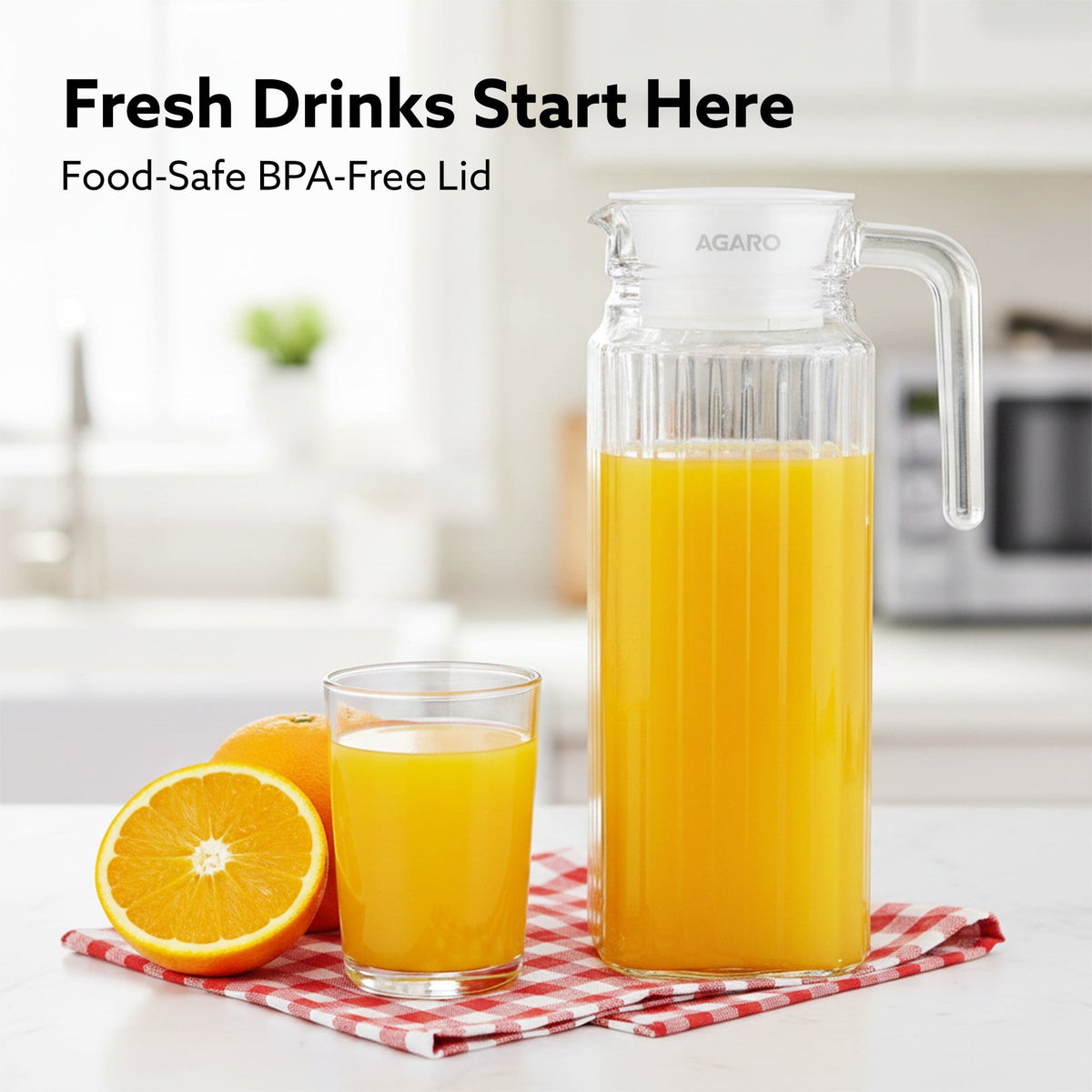 Elegant Glass Jug with Lid, 1.1L, Multipurpose Jug, Easy Pour Spout & Strong Handle, Transparent Beverage Carafe for Home, Office, Pitcher for Serve Water, Milk, Juice, Beverage, Lassi, Cocktail