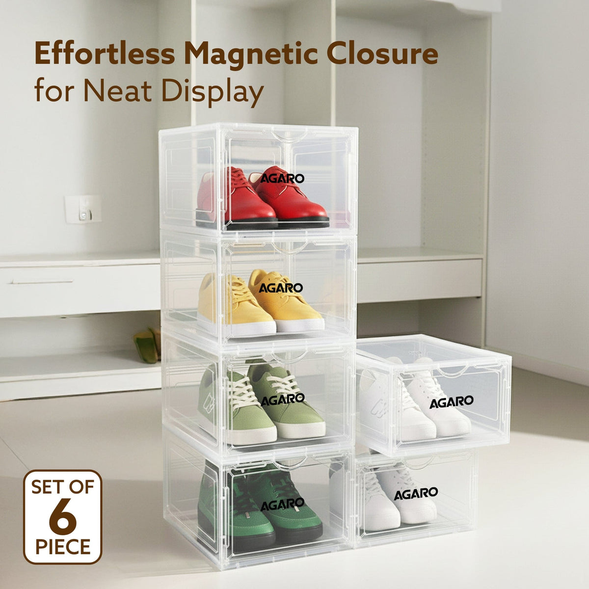 Stackable Shoe Storage Box Organizer | Heavy Duty, Transparent, Plastic Sneaker Crates Container with Magnetic Door |Space Saving|Organizer for Men & Women| Fits up to Size UK 12