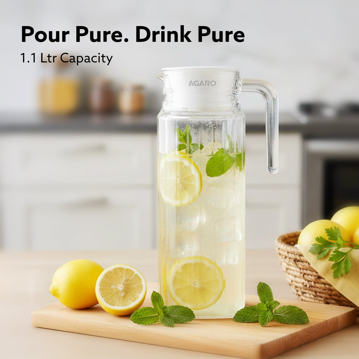 Elegant Glass Jug with Lid, 1.1L, Multipurpose Jug, Easy Pour Spout & Strong Handle, Transparent Beverage Carafe for Home, Office, Pitcher for Serve Water, Milk, Juice, Beverage, Lassi, Cocktail