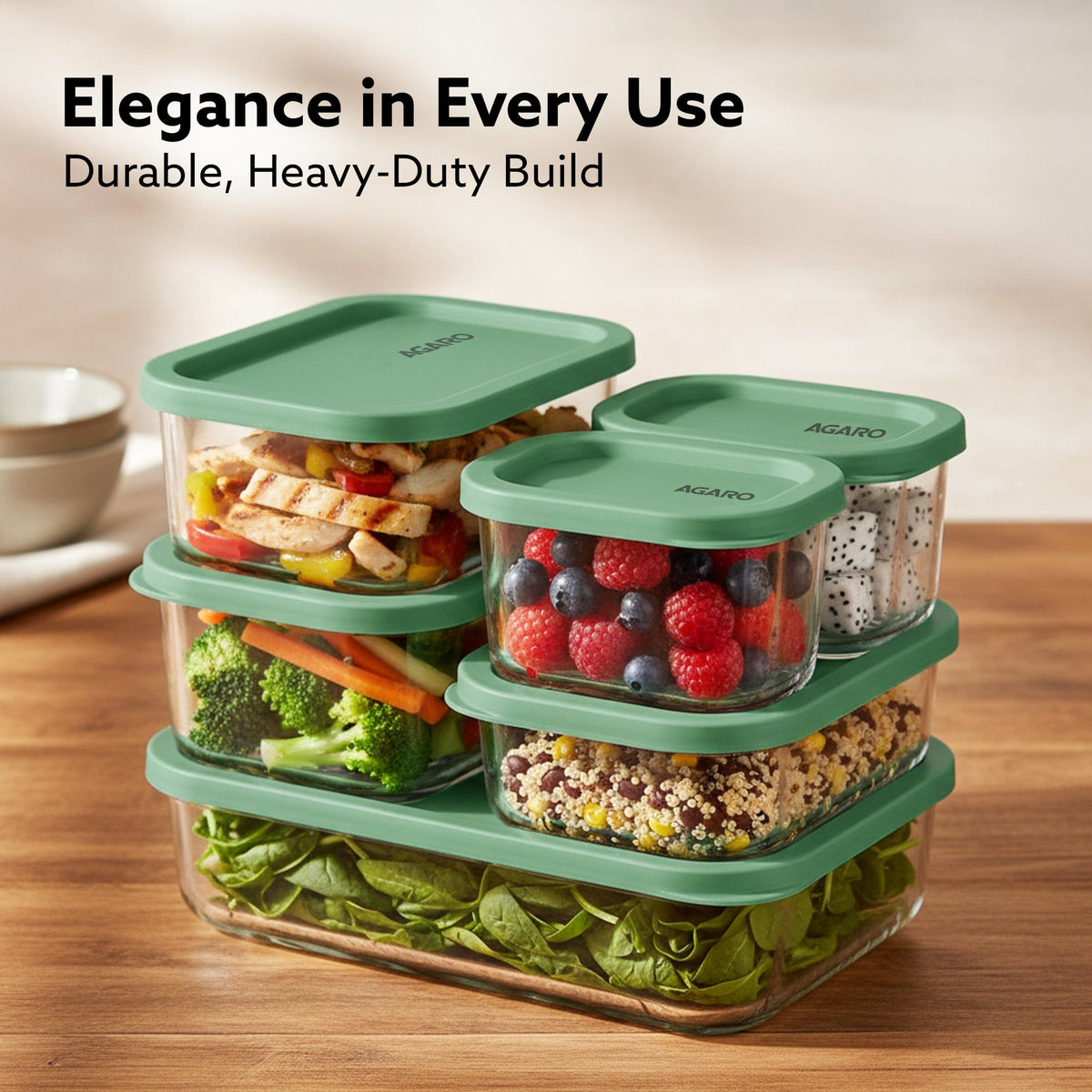 Elite Borosilicate Glass Container 6 Pcs Set, Fridge Stackable Storage Organizer, 310ml x2, 520ml x2, 750ml, 1200ml, Microwave Safe, BPA Free Kitchen Boxes, Store Cooked Food, Fruits, Snacks