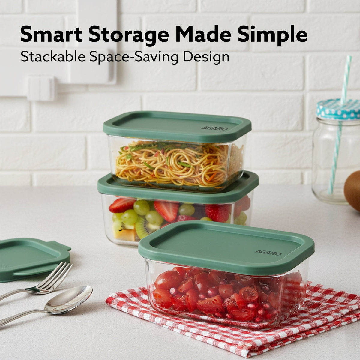 Elite Borosilicate Glass Container 6 Pcs Set, Fridge Stackable Storage Organizer, 310ml x2, 520ml x2, 750ml, 1200ml, Microwave Safe, BPA Free Kitchen Boxes, Store Cooked Food, Fruits, Snacks