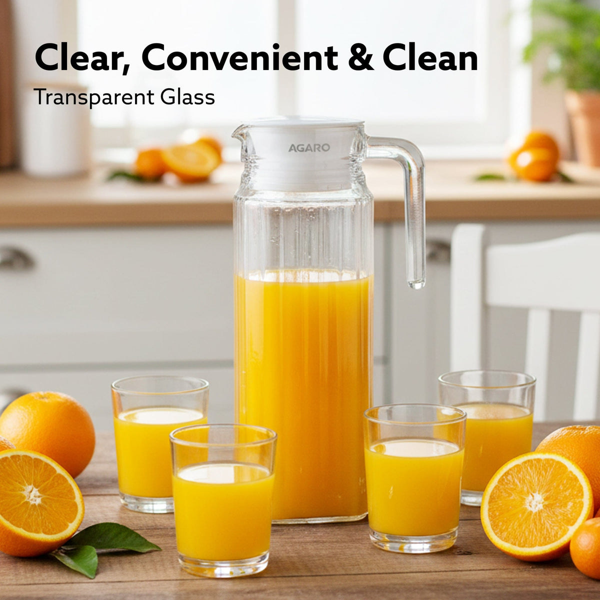 Elegant Glass Jug with Lid, 1.1L, Multipurpose Jug, Easy Pour Spout & Strong Handle, Transparent Beverage Carafe for Home, Office, Pitcher for Serve Water, Milk, Juice, Beverage, Lassi, Cocktail