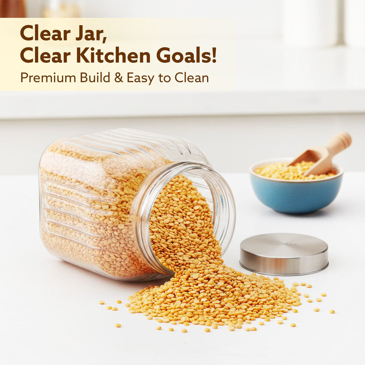 Elegant Glass Jar 3500 ml, Round Shaped, Steel Lid, Storage Glass Container, Transparent, Kitchen Organiser, Multipurpose Jar
