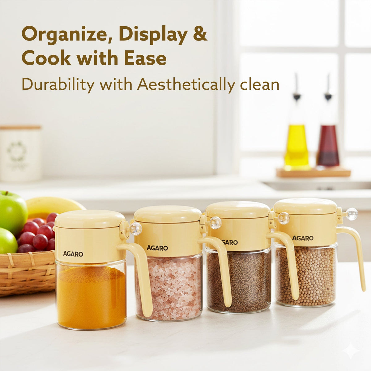 Elegant Spice Jar 400ml, Airtight Glass Masala Brown Container with Secure Lid & Spoon, Versatile Seasoning & Storage Bottle for Kitchen, Leak Proof, For Spices, Herbs, Sugar & More