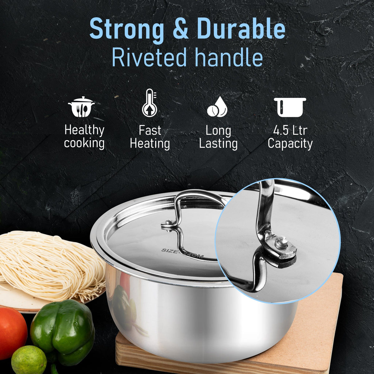 Regency Triply Tope 4.5L with Stainless Steel Lid, 2.5mm Thick Body, Rivetted Handle, Induction & Gas Compatible, Patila, Bhagona, Tapeli, 3 Layered Kitchen Induction Cookware, 24 Cm, Silver