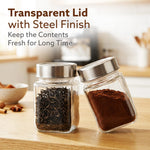 Elegant Cube Jar 310 ml, Square Shaped, Transparent Lid With Steel Finish, Storage Glass Container, Transparent, Kitchen Organiser, Multipurpose Jar, Pack of 6