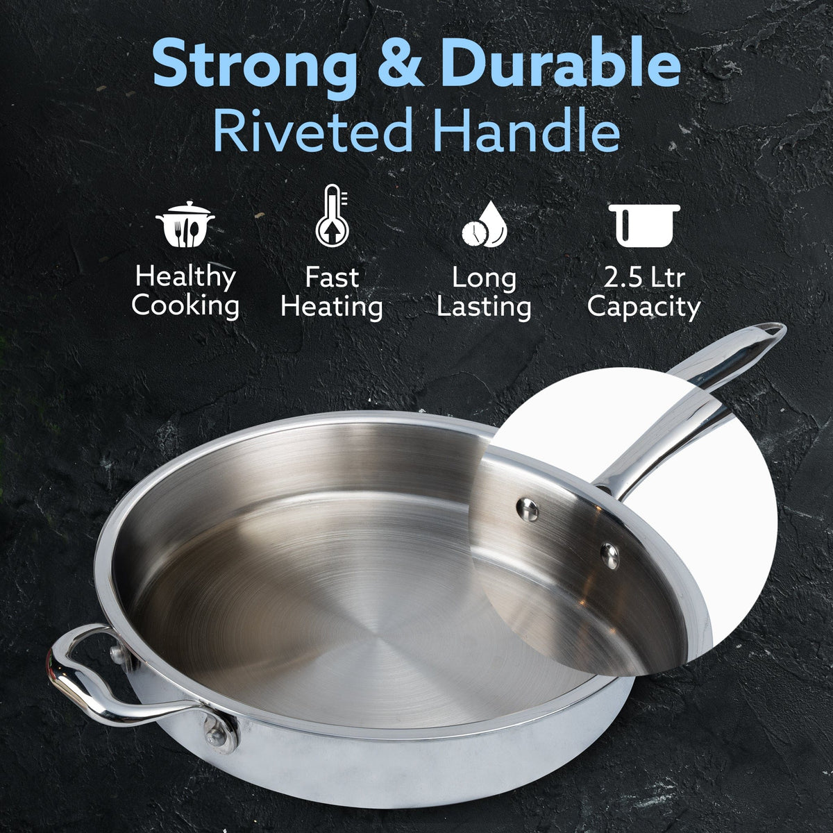 Regency Triply Saute Pan 2.5L with Lid, 26 cm, Rivetted & Stay Cool Handle, Fast Heat Absorb & Retain, Food Safe, Durable, Curry, Stir-Fry, Deep Fry, Saute, Non Toxic, 5 Year Warranty, 2.5 mm