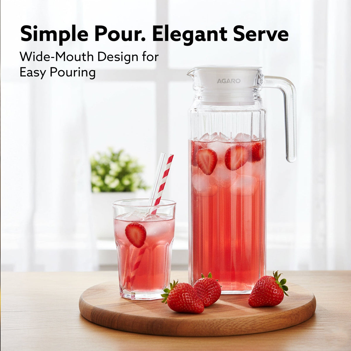 Elegant Glass Jug with Lid, 1.1L, Multipurpose Jug, Easy Pour Spout & Strong Handle, Transparent Beverage Carafe for Home, Office, Pitcher for Serve Water, Milk, Juice, Beverage, Lassi, Cocktail