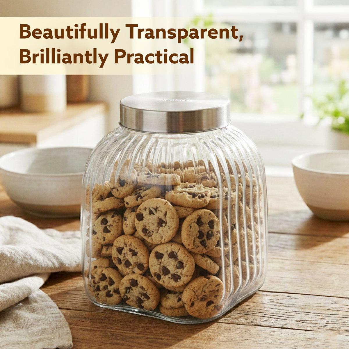 Elegant Glass Jar 3500 ml, Round Shaped, Steel Lid, Storage Glass Container, Transparent, Kitchen Organiser, Multipurpose Jar