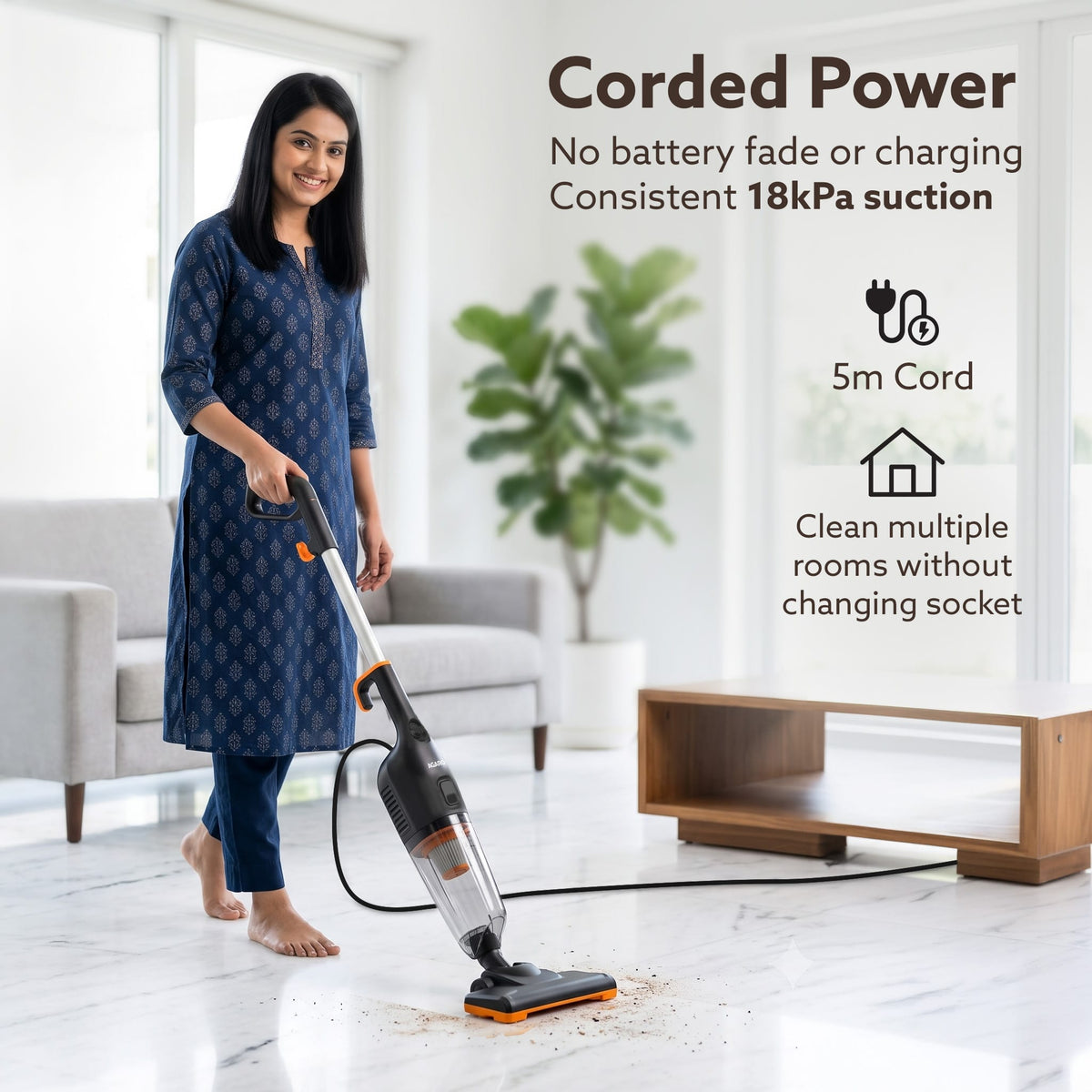 Aspira Stick Vacuum Cleaner for Home, 3-in-1 Vacuum & Mop, 600W Motor, 18kPa Suction