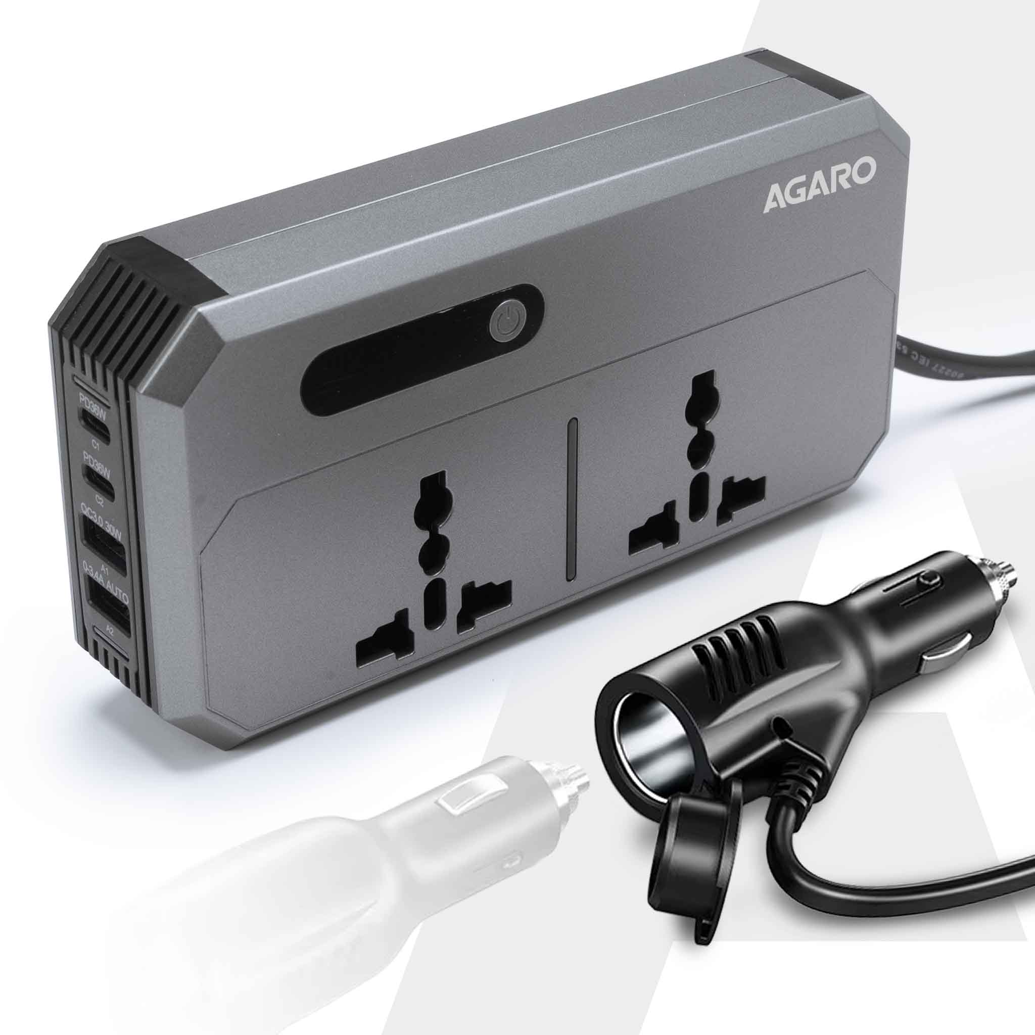 Elite 200W Car Power Inverter, 7-in-1 Converter with PD36W Type-C, QC3.0 30W USB-A, 2 AC Outlets, Car Outlet, Master Switch & LCD Display for Laptops & Phones