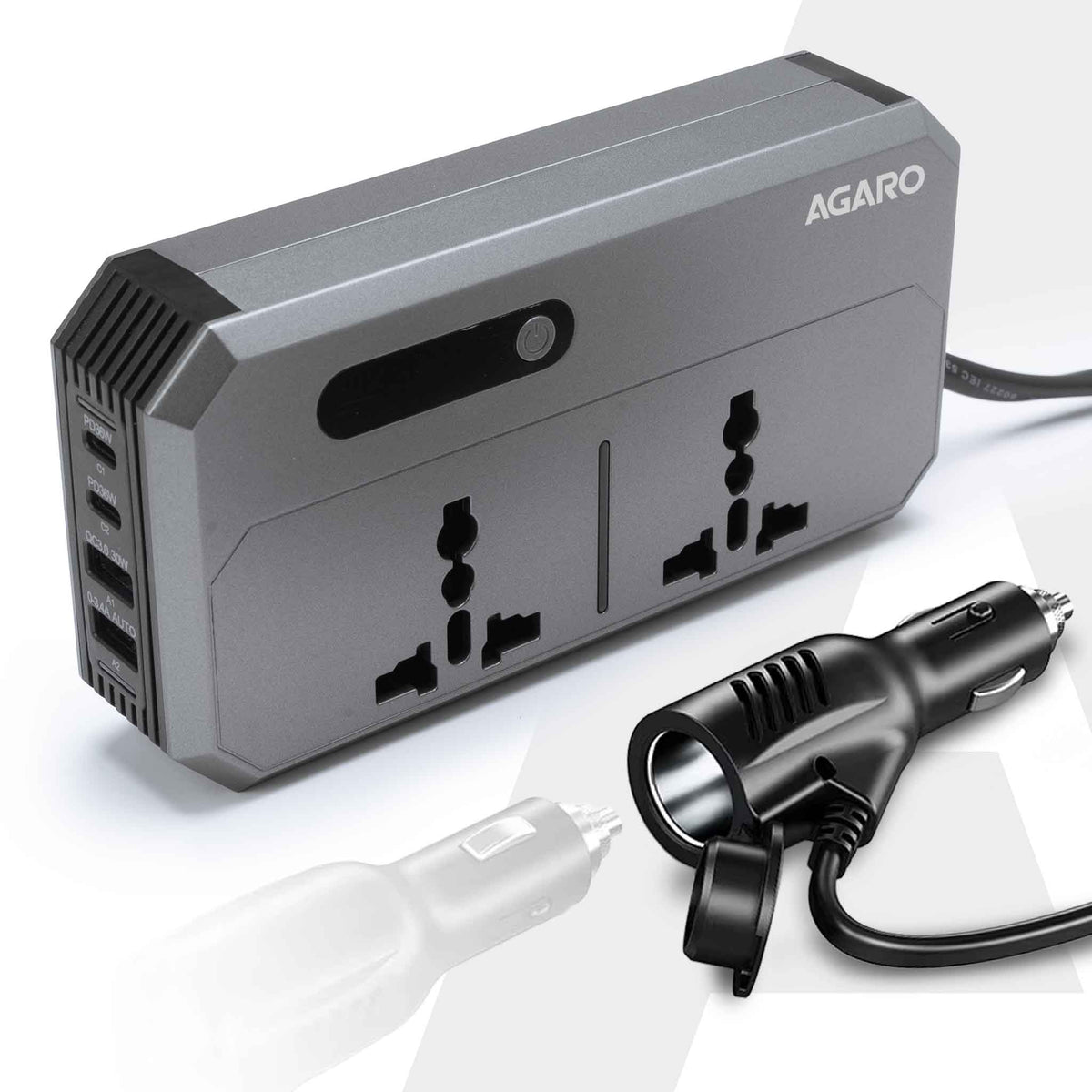 Elite 200W Car Power Inverter, 7-in-1 Converter with PD36W Type-C, QC3.0 30W USB-A, 2 AC Outlets, Car Outlet, Master Switch & LCD Display for Laptops & Phones