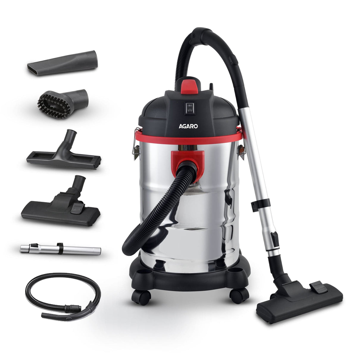 Ace Wet & Dry Vacuum Cleaner, 1600 Watts, 21.5 Kpa Suction Power, 30 Litres Tank Capacity, Home Use, Blower Function, Washable 3L Dust Bag, Stainless Steel Body (Black/Red/Steel)