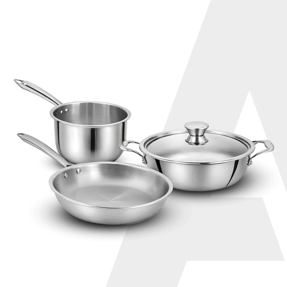 Regency Triply Cookware Set of 3, 24 cm Kadai (2.7L), 24 cm Fry Pan (2.2L) & 16 cm Saucepan (1.5L)
