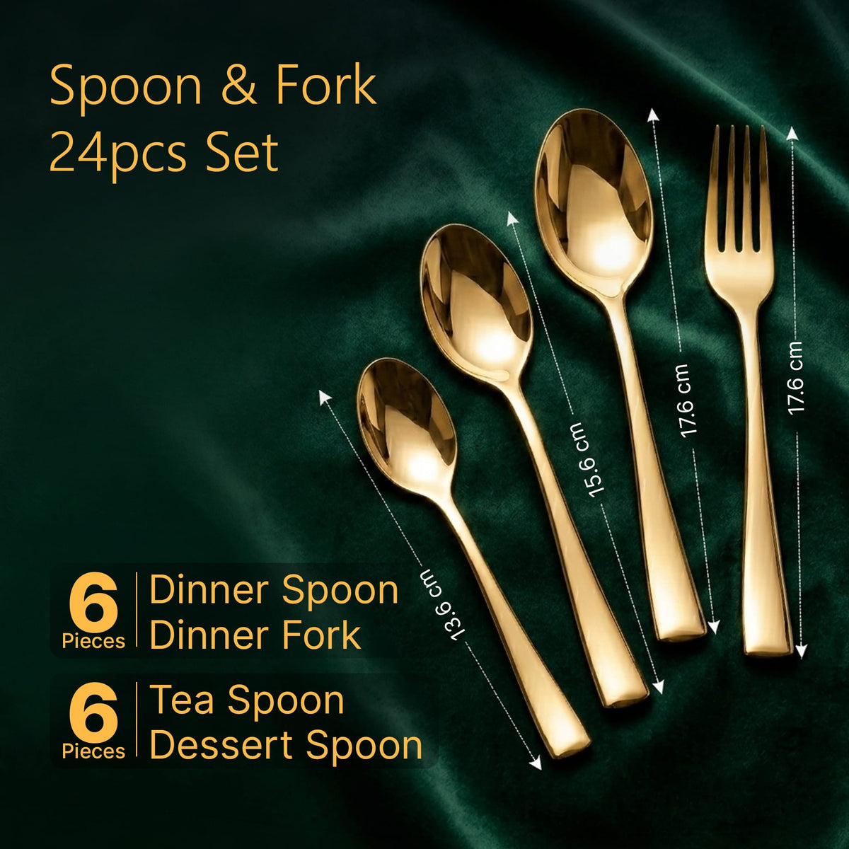 Regal 24 Pieces Gold Stainless Steel Cutlery Set for Dining Table, Premium Mirror Finish, 6 Tea Spoons, 6 Dinner Spoons, 6 Dinner Forks & 6 Dessert Spoons, Food Grade, Rust Resistant