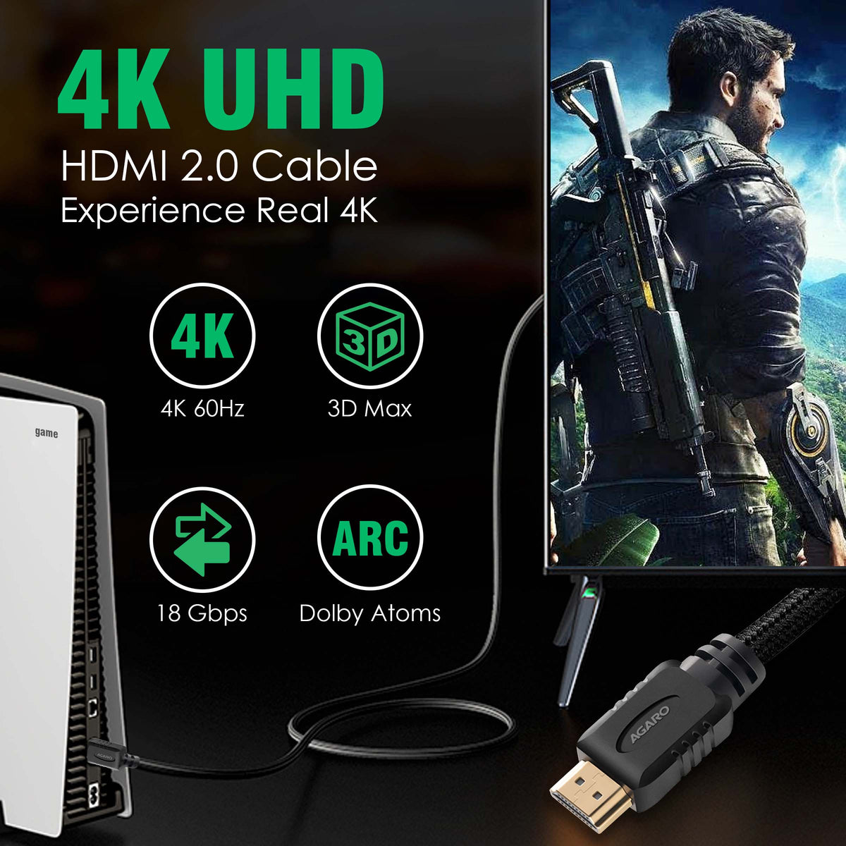 AGARO HDMI to HDMI Cable 2 Meters, HDMI 2.0, Premium High Speed, 18Gbps 4K@60Hz Support HDR, 3D, ARC, HDCP 2.2, Cotton Braided HDMI Cord for PS5/PS4/Xbox/Apple TV/Projector