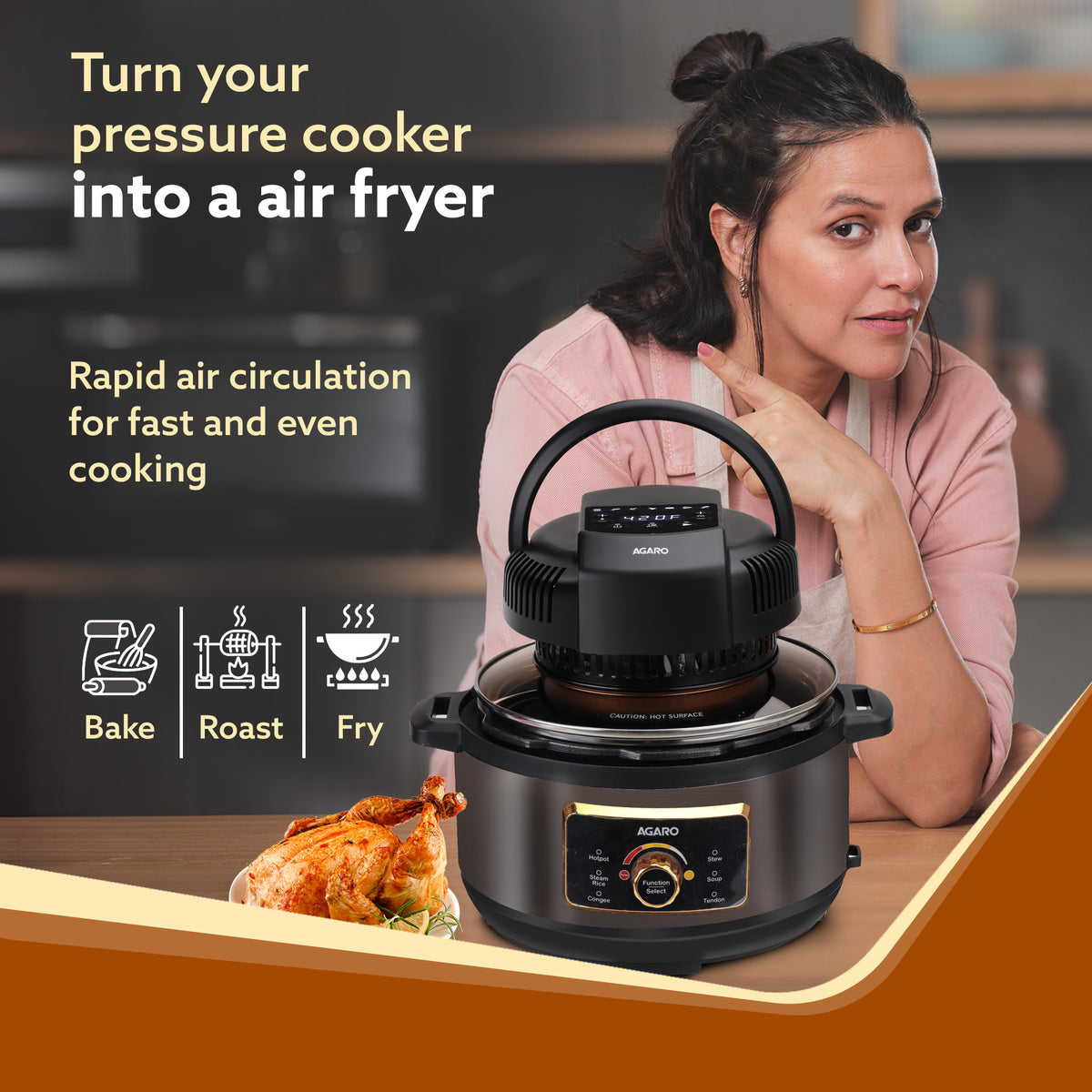 Imperial Pot Lid Air Fryer 7-in-1, 1000W with 7 Preset Menus – Agaro