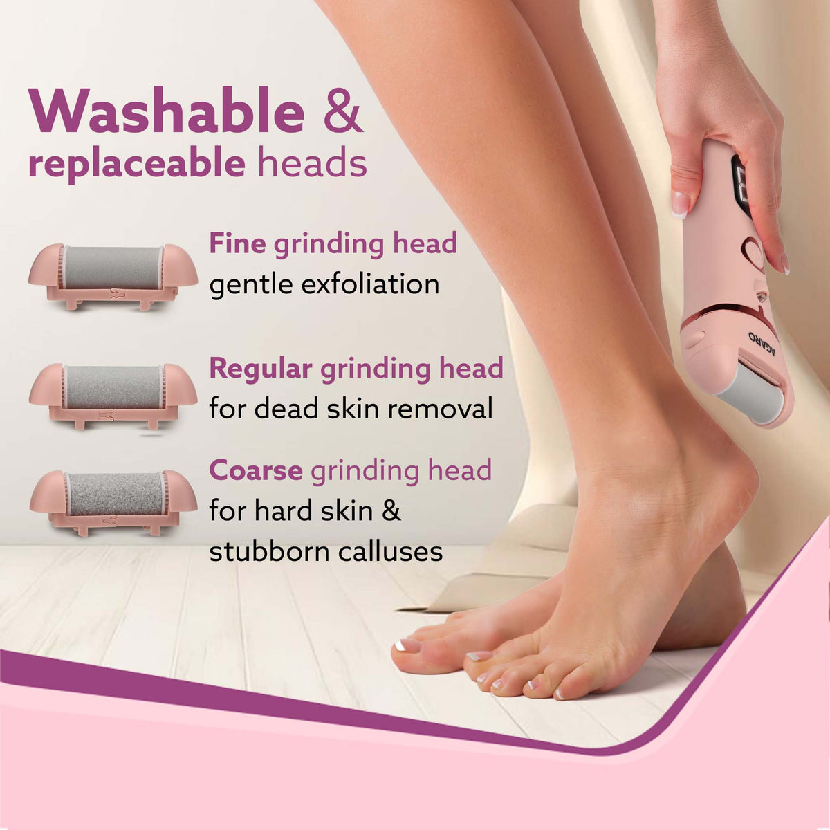 Callus Remover with 3 Interchangeable Head Rollers, Electronic Foot Scrubber For Callus & Dead Skin Removal, Pedicure Device, 2 Speed, Rechargeable Foot Care, Waterproof, CR1727, Pink