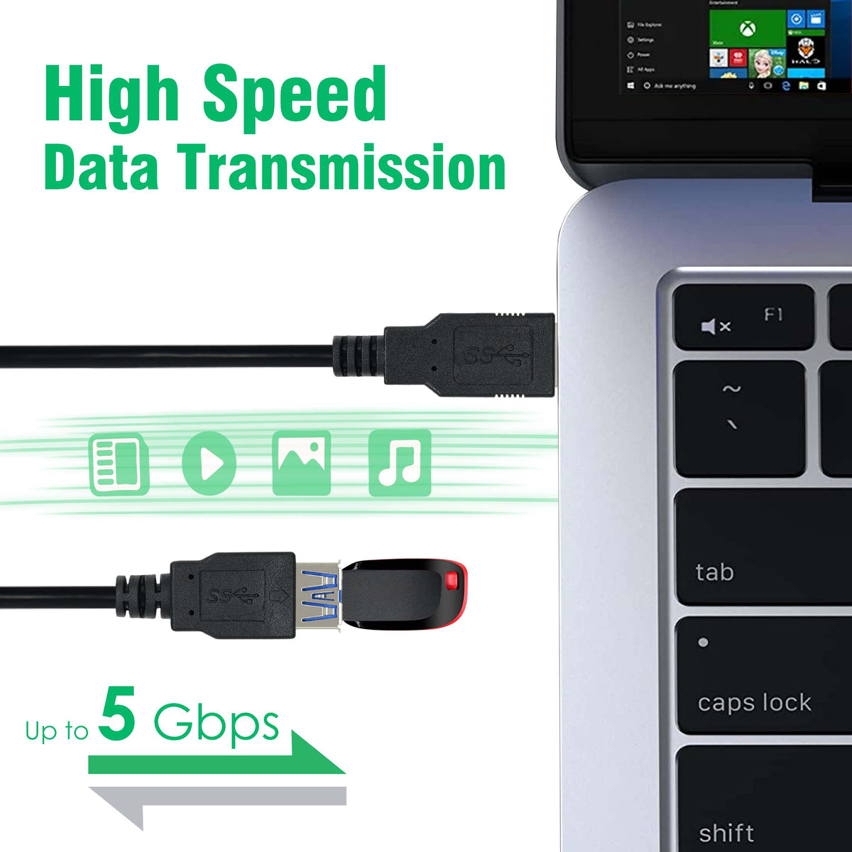 USB Extender, USB 3.0 Extension Cable Male to Female USB Cable High-Speed 5GBps Data Transfer Compatible with Webcam, Gamepad, Keyboard, Mouse, Hard Drive, Xbox, Laptop/PC/Mac/Printer, 1 Meter