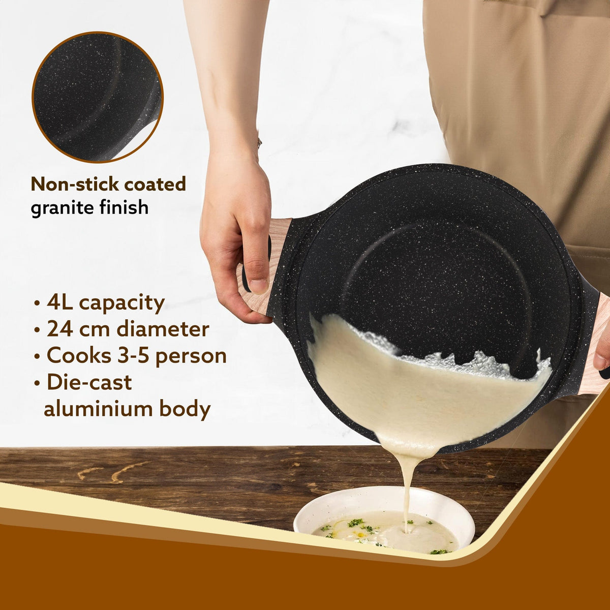 Imperial Granite Non Stick Casserole with Glass Lid, 4L/24cm, Cast Aluminium Body, Stew Pot, Biriyani Pot,  Sauce Pot, Gas & Induction Compatible, Dark Grey