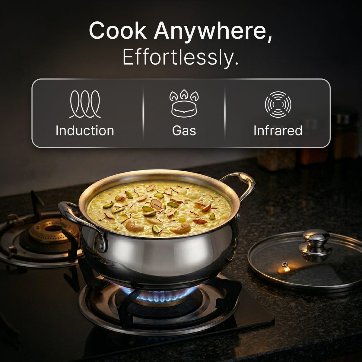 Regency 3.5 L Triply Stainless Steel Handi with Glass Lid, Tri-Ply Induction & Gas Compatible, Even Heat Distribution, Non-Toxic Steel Cookware, Biryani Pot for Rice, Curry & Daily Cooking