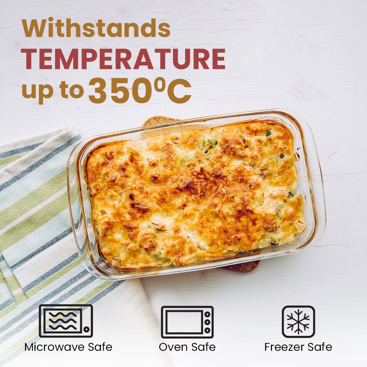 Elite Borosilicate Glass Baking Tray for Kitchen, 1600 ml, Baking Dish, Serving Bowl, Oven & Microwave, Dishwasher and Freezer safe, Rectangle, Transparent, Glass Bowl Container