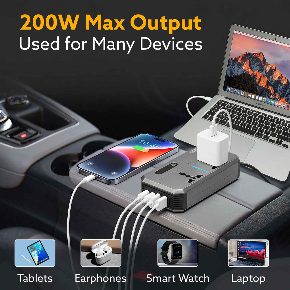 Elite 200W Car Power Inverter, 7-in-1 Converter with PD36W Type-C, QC3.0 30W USB-A, 2 AC Outlets, Car Outlet, Master Switch & LCD Display for Laptops & Phones