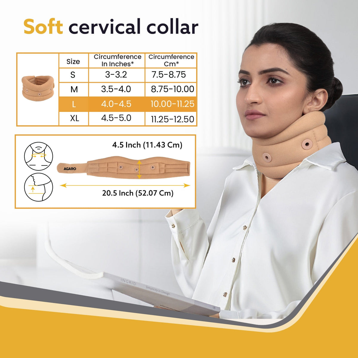 AGARO Cervical Collar Spondylitis Neck Support, Adjustable Neck Brace With Extra Support, Relieves Pain, Stress & Pressure in Spine, Large, Beige
