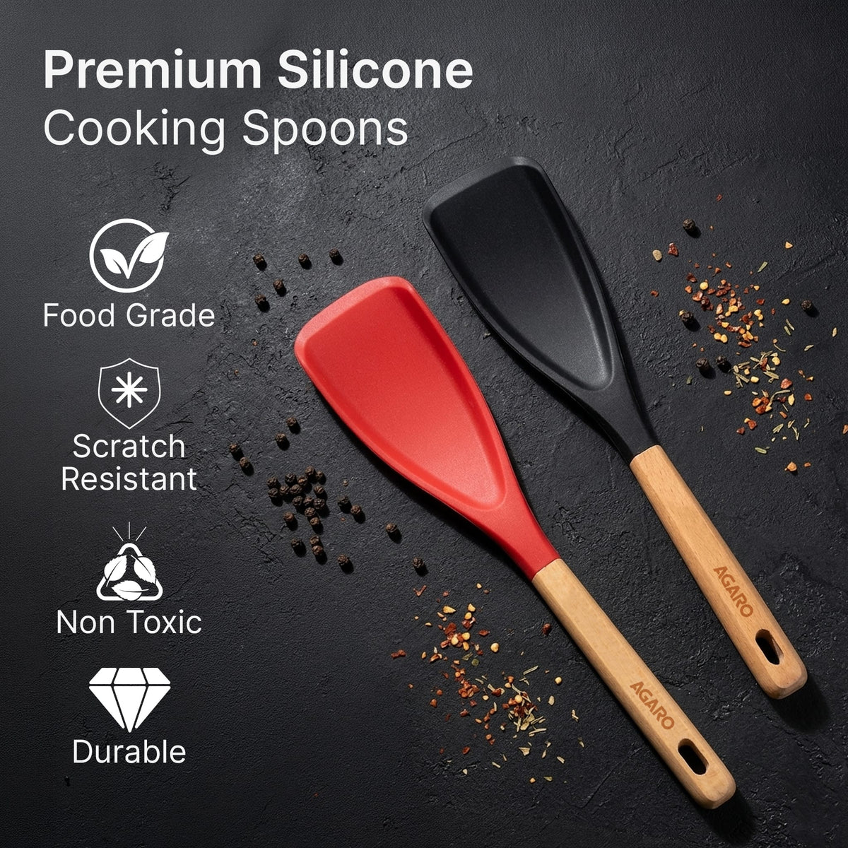 Royal Silicone Spatula Set of 2 with Wooden Handle, Heat Resistant Food Grade Silicone Kitchen Spatulas for Cooking, Baking & Mixing, Flexible Non-Stick Cookware BPA Free Utensils, Black & Red