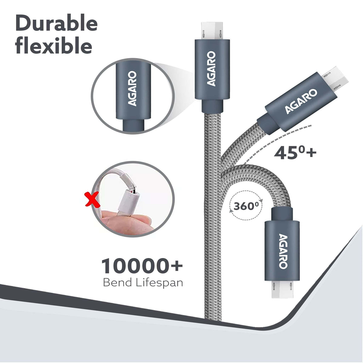 Micro Usb Charging & Data Tough Nylon Braided Cable For Android Smartphones 1.0 Meters, Grey, 1M