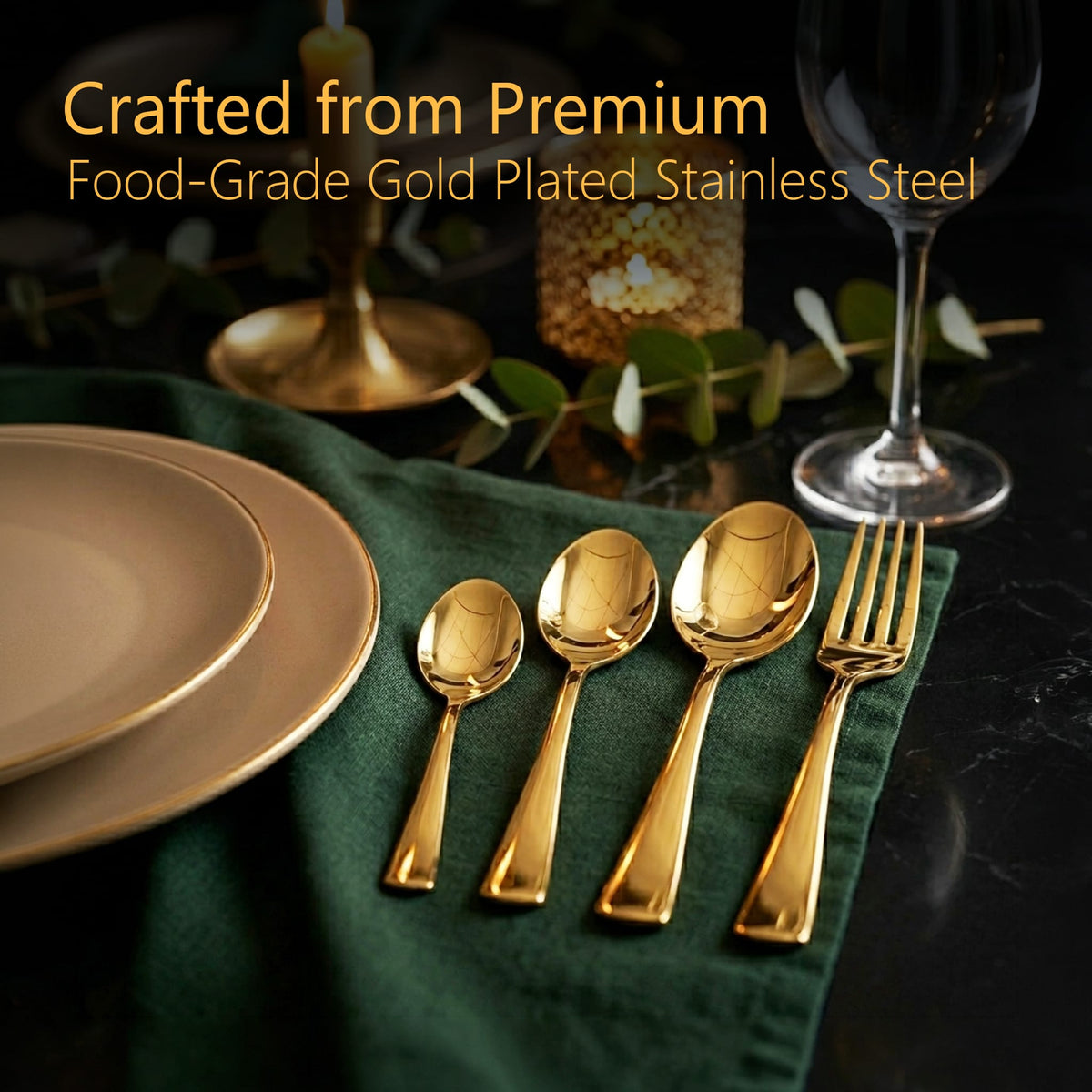 Regal 24 Pieces Gold Stainless Steel Cutlery Set for Dining Table, Premium Mirror Finish, 6 Tea Spoons, 6 Dinner Spoons, 6 Dinner Forks & 6 Dessert Spoons, Food Grade, Rust Resistant