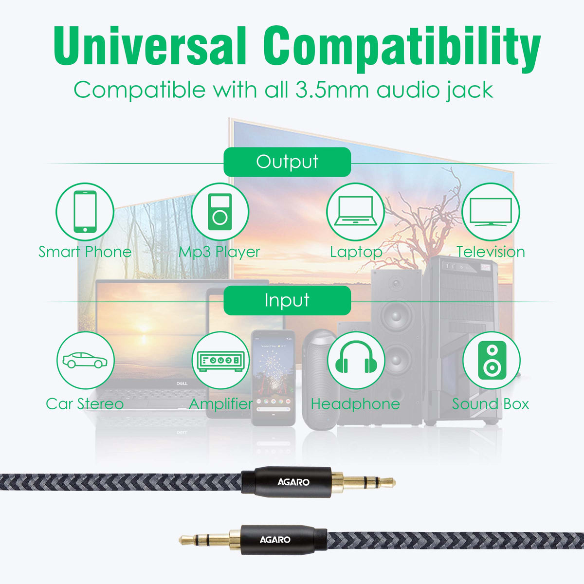 3.5mm Audio Cable Nylon Braided 24K Gold Plated Aux Cord Male to Male Stereo Hi-Fi Sound for Headphone, Car, Home Stereos, Speakers & More 1M/ 100CM/ 3.2 Ft, Silver & Black