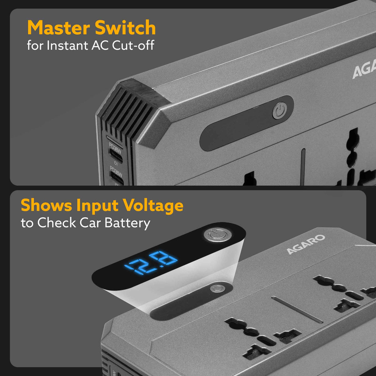 Elite 200W Car Power Inverter, 7-in-1 Converter with PD36W Type-C, QC3.0 30W USB-A, 2 AC Outlets, Car Outlet, Master Switch & LCD Display for Laptops & Phones
