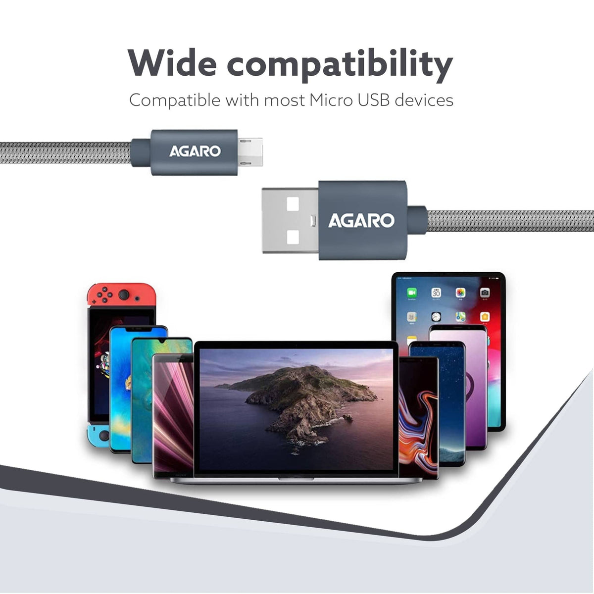 Micro Usb Charging & Data Tough Nylon Braided Cable For Android Smartphones 1.0 Meters, Grey, 1M