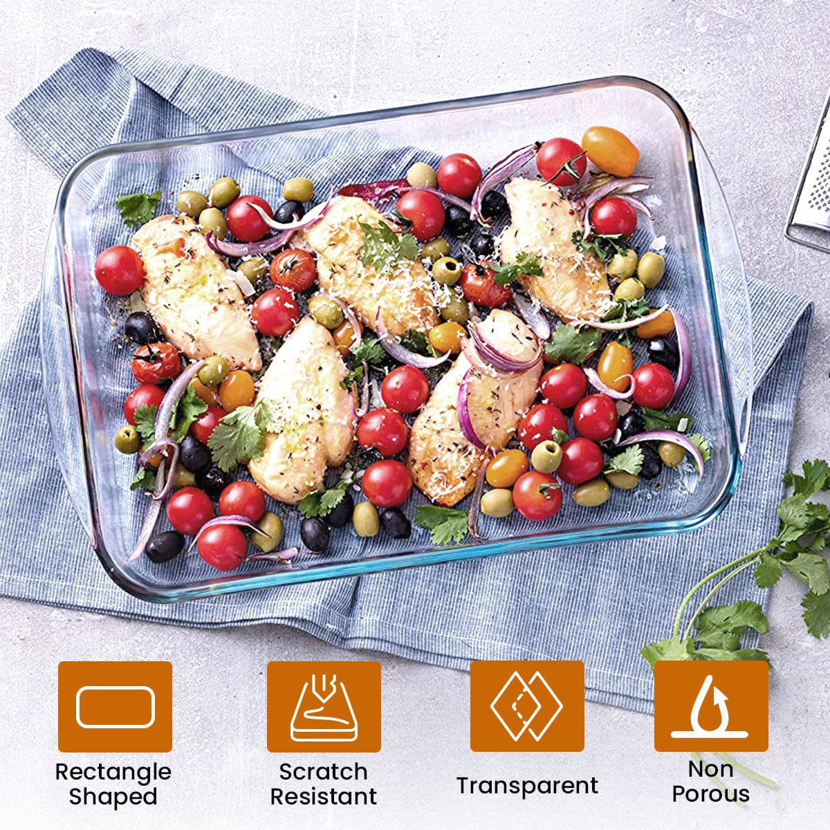 Elite Borosilicate Glass Baking Tray for Kitchen, 1600 ml, Baking Dish, Serving Bowl, Oven & Microwave, Dishwasher and Freezer safe, Rectangle, Transparent, Glass Bowl Container