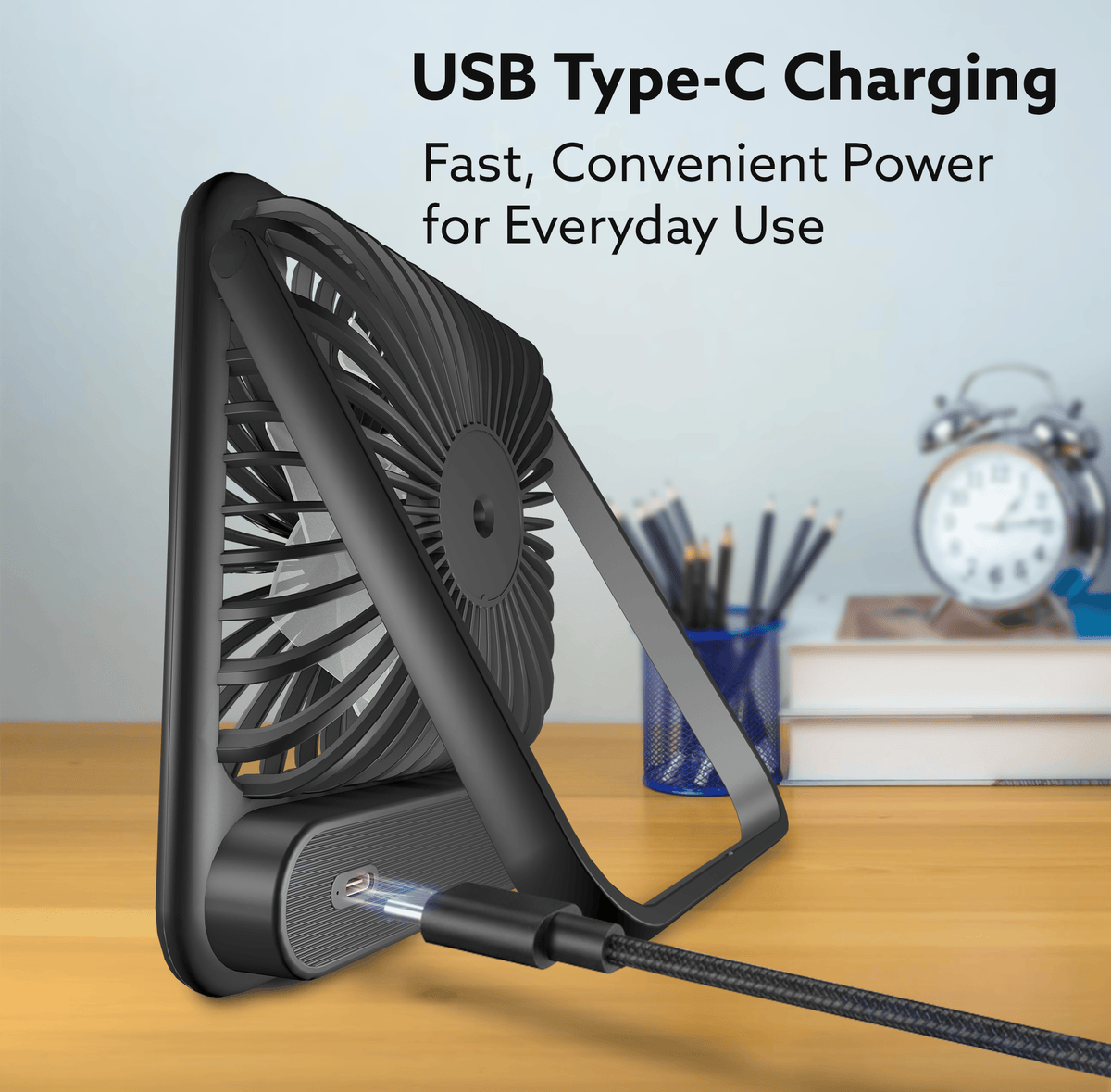 Primo Rechargeable Portable Desk Fan, Mini Fan with USB Type-C, 3 Speeds, Foldable Adjustable Stand, Long-Lasting Battery, Quiet Personal Cooling for Home, Office & Travel