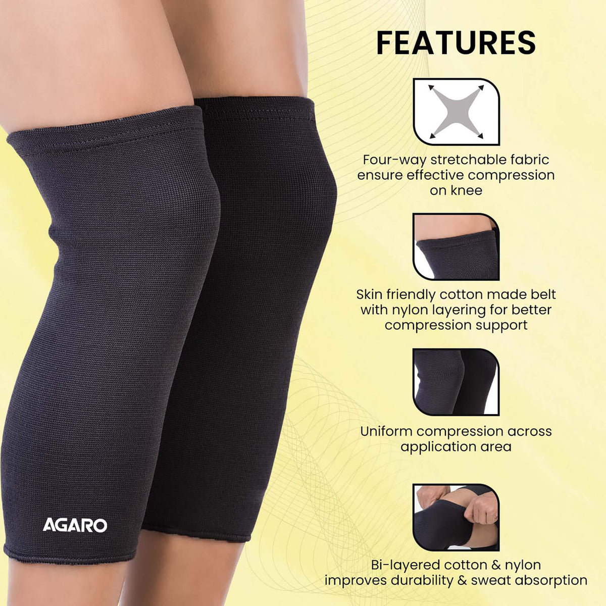 Tubular Stretchable Knee Cap,  Breathable Fabric, Uniform Compression, Relieves Muscle Pain, Joint Pain, Injury Recovery, For Workout, Running, For Men And Women, XL, Black, Pack of 2