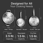 Regency Triply Cookware Set of 3, 24 cm Kadai (2.7L), 24 cm Fry Pan (2.2L) & 16 cm Saucepan (1.5L)
