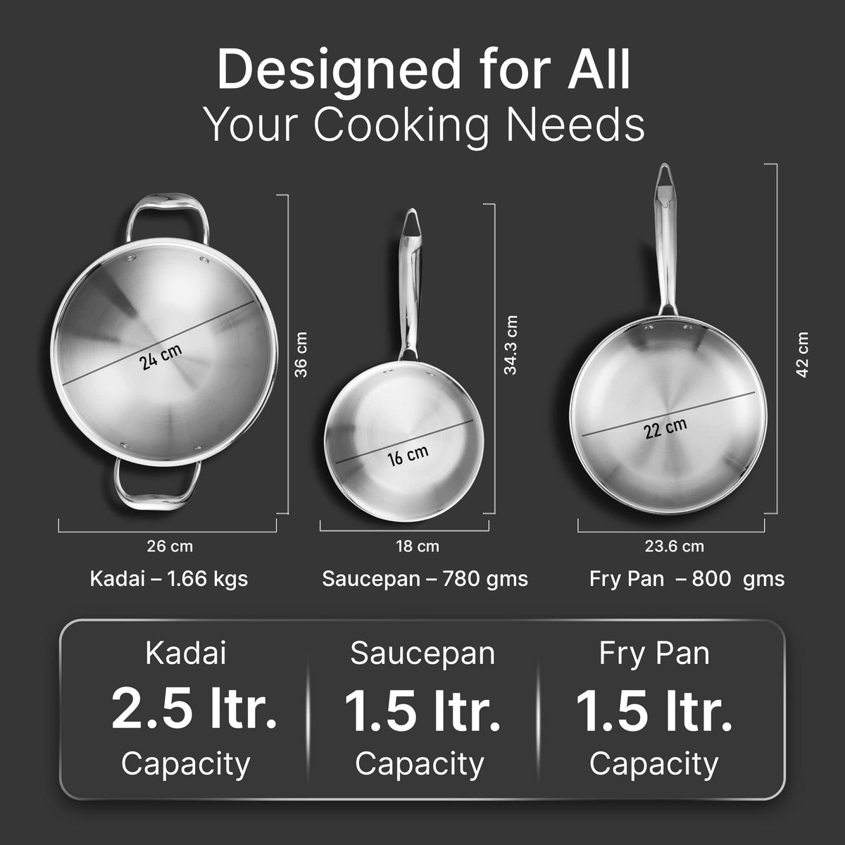 Regency Triply Cookware Set of 3, 24 cm Kadai (2.7L), 24 cm Fry Pan (2.2L) & 16 cm Saucepan (1.5L)