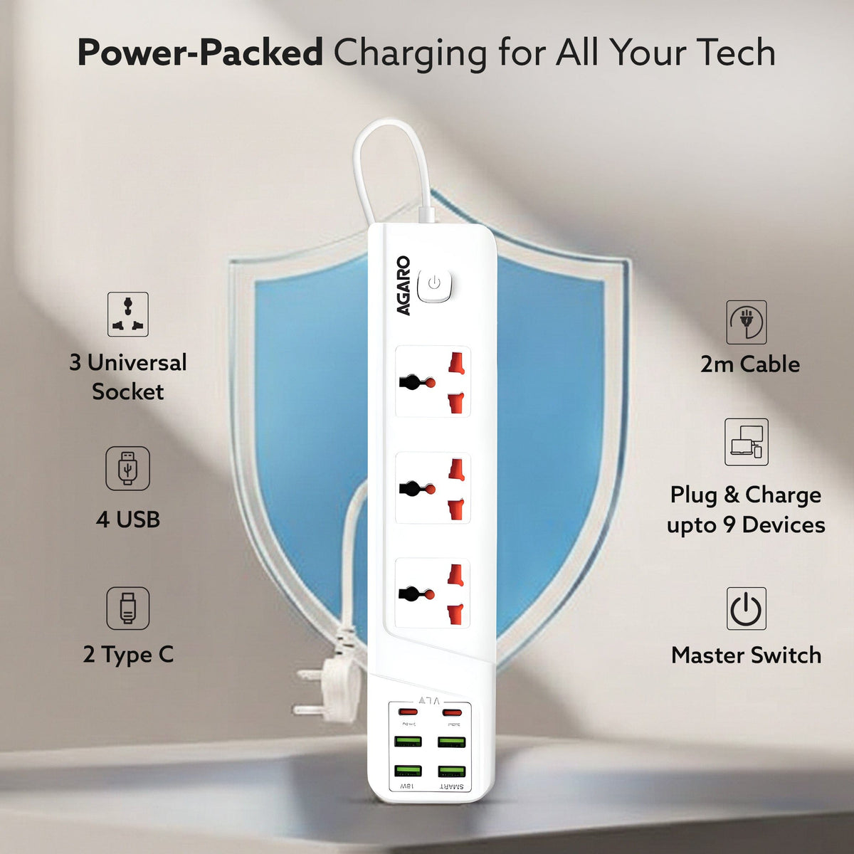 Regal Extension Board 3 Universal Sockets, 4 USB + 2 Type-C Fast Charging, 2500W