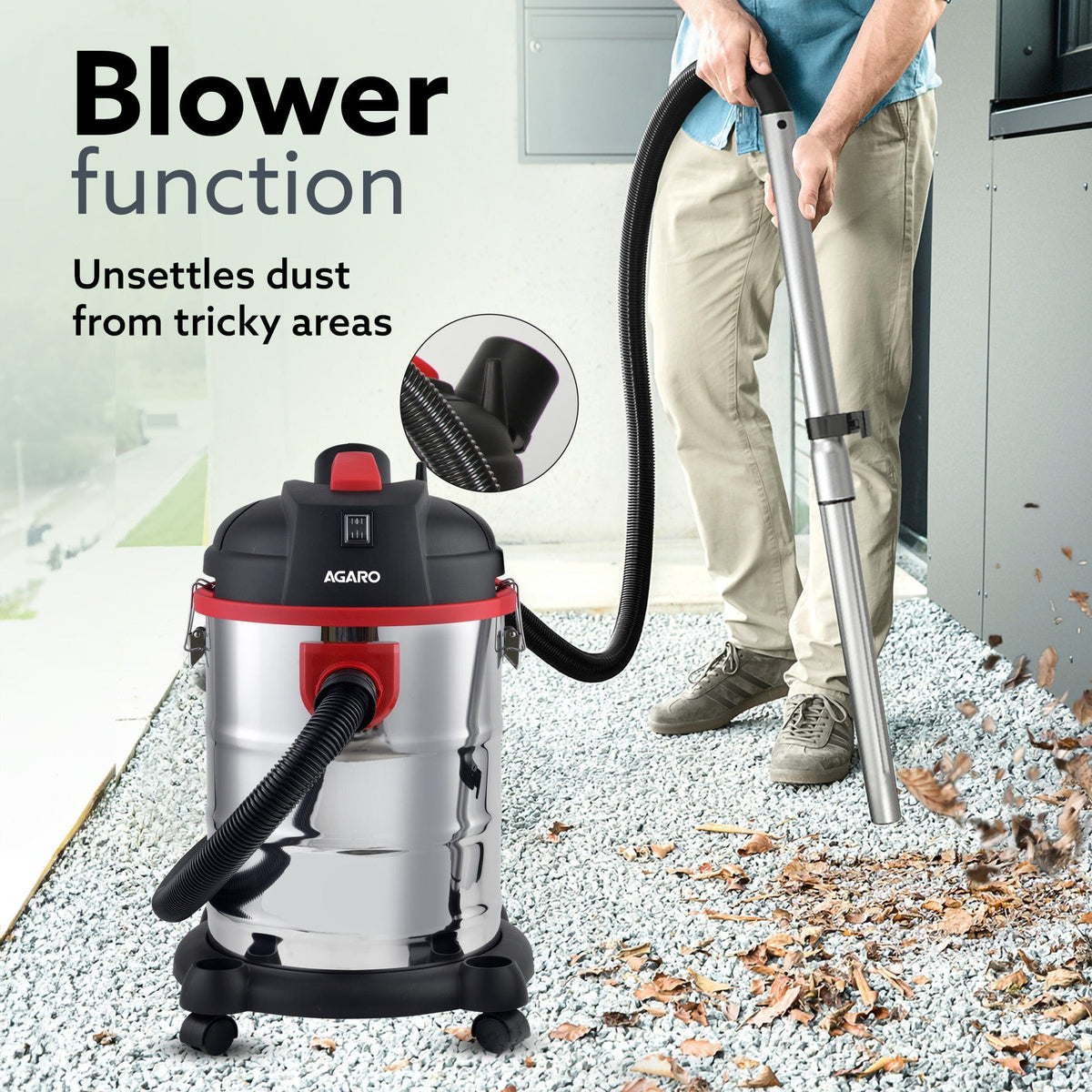 Ace Wet & Dry Vacuum Cleaner, 1600 Watts, 21.5 Kpa Suction Power, 30 Litres Tank Capacity, Home Use, Blower Function, Washable 3L Dust Bag, Stainless Steel Body (Black/Red/Steel)