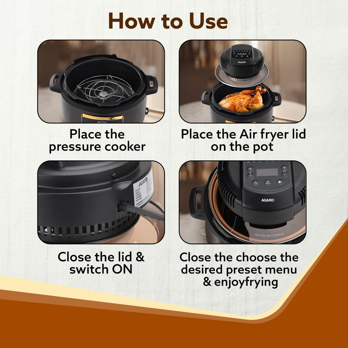 Imperial Pot Lid Air Fryer, 7-in-1 Electric Air Fry, Crisp, Broil, Bake In 5L, 6L and 8L Pressure Cooker/ Metal Pots/ Rice Cooker, 7 Preset Menu, 1000W, Home & Kitchen