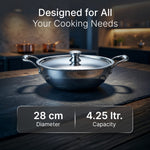 Regency 28 cm Triply Stainless Steel Kadai with Lid, 4L