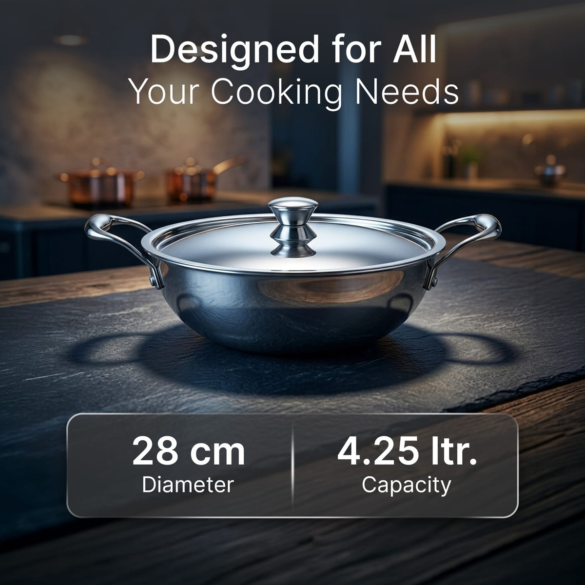 Regency 28 cm Triply Stainless Steel Kadai with Lid, 4L