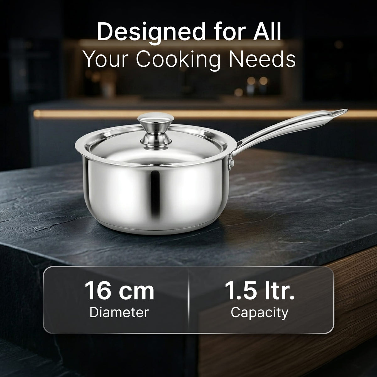 Regency 16 cm Triply Stainless Steel Saucepan with Lid, 1.5L capacity
