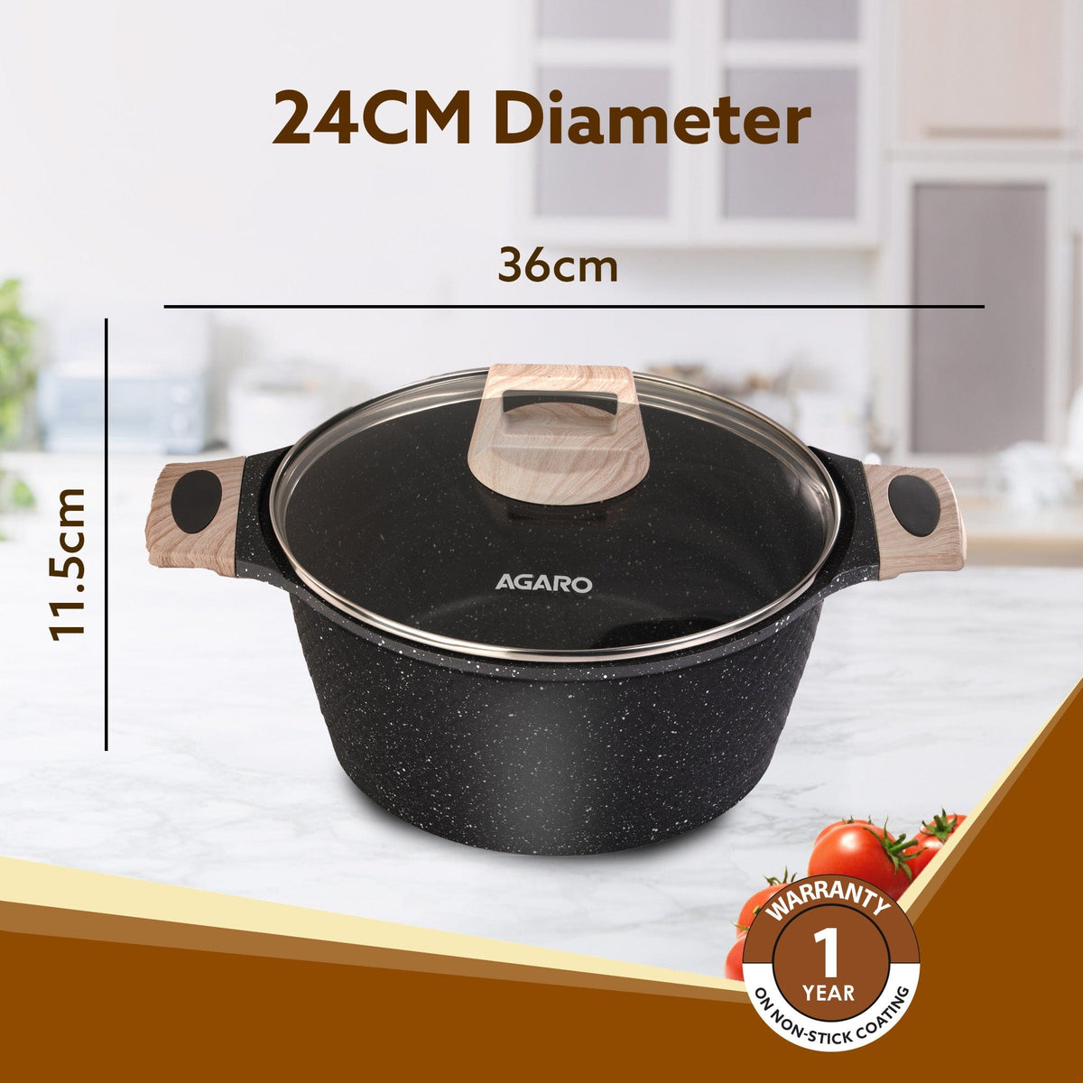 Imperial Granite Non Stick Casserole with Glass Lid, 4L/24cm, Cast Aluminium Body, Stew Pot, Biriyani Pot,  Sauce Pot, Gas & Induction Compatible, Dark Grey