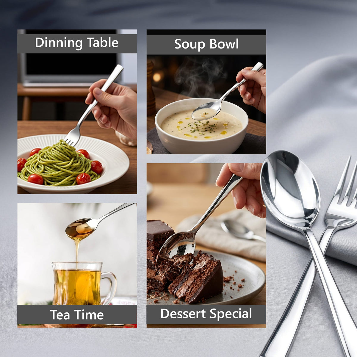 Elite 24 Pieces Stainless Steel Cutlery Set for Dining Table, Silver Mirror Finish Spoon & Fork Set, 6 Tea Spoons, 6 Dinner Spoons, 6 Dinner Forks & 6 Dessert Spoons, Food Grade, Dishwasher Safe